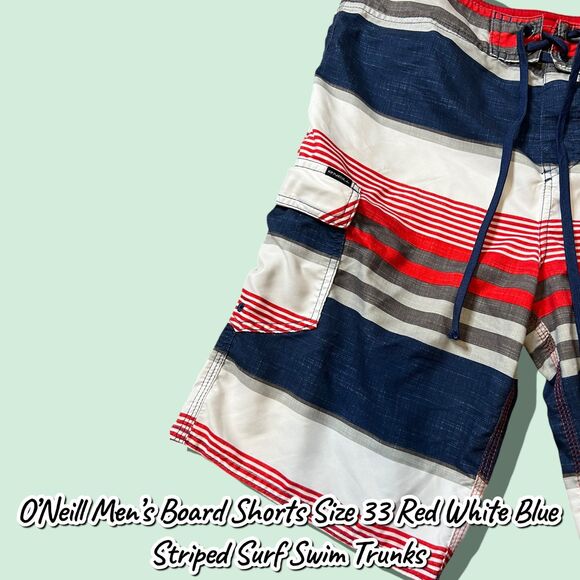 Preowned O’Neill Men’s Board Shorts Size 33 Red White Blue Striped Surf Swim Tru - Picture 7 of 8